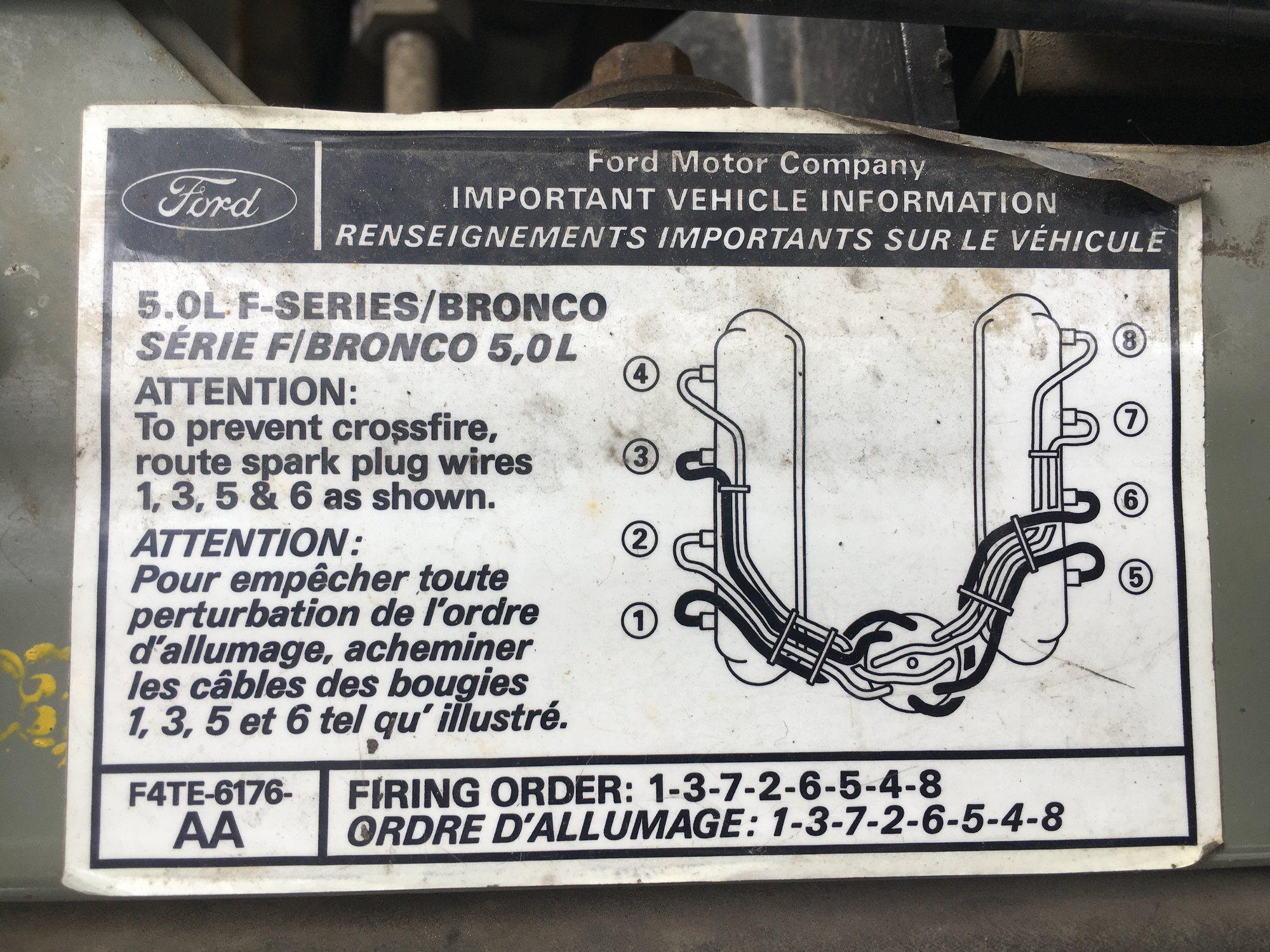 351W Firing Order Sticker On Rad Support - Ford Truck